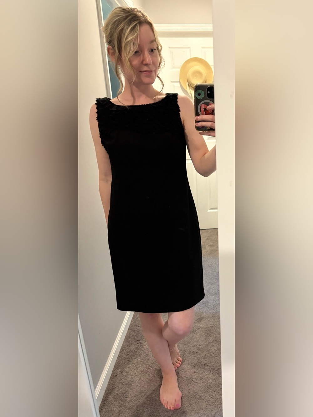 Ann Taylor Black Sleeveless Ruffle Yoke Sheath Dress
